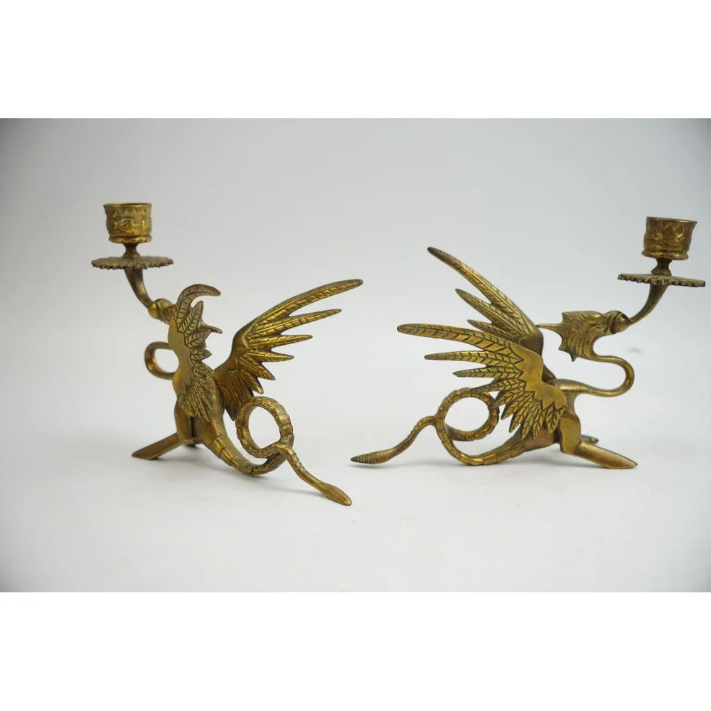 Vintage Brass Dragon Griffin Candle Holders Pair Mythical Winged Figures Good